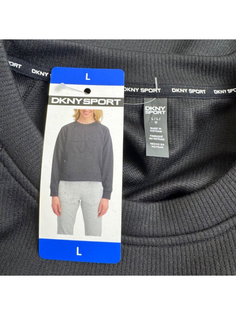 DKNY Sport Black Sweatshirt NEW Women's Large Ribbed Boxy Casual Athleisure Fun - Picture 6 of 8